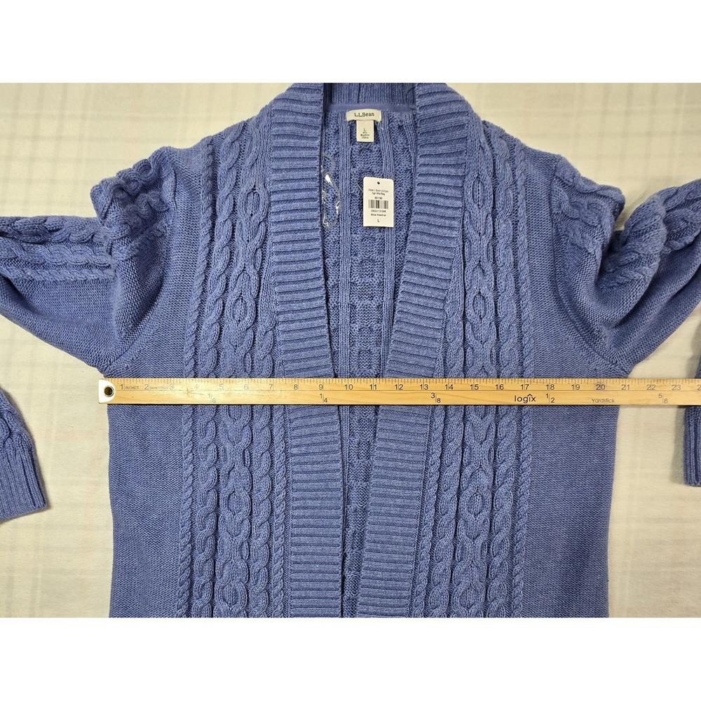 LL Bean Womens Double L Cable Knit Open Cardigan Sweater Long Blue Heather L NWT - Picture 3 of 12